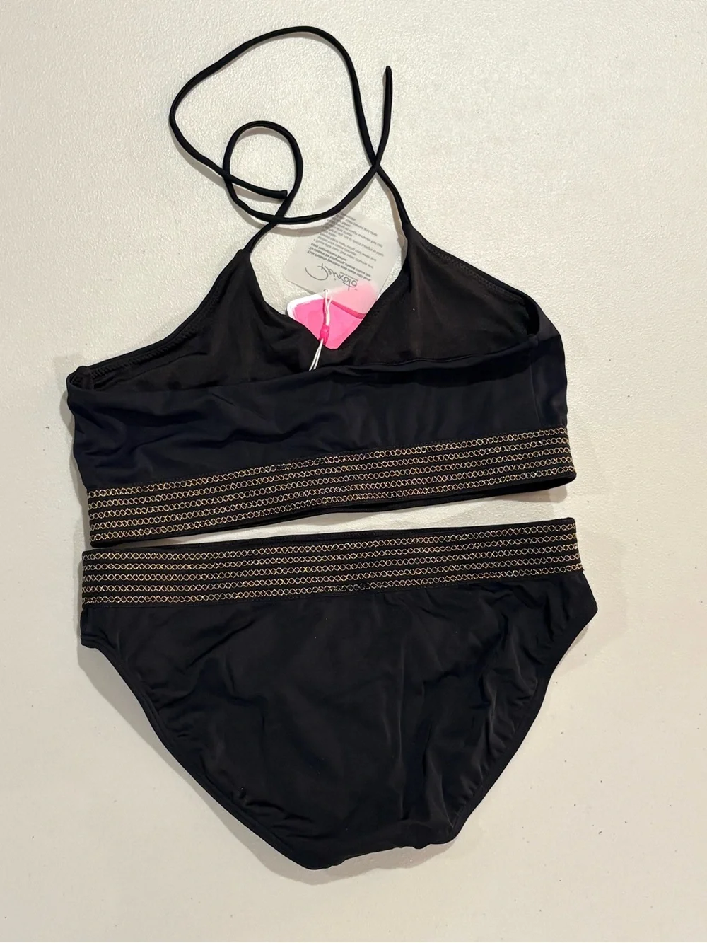 Black Halter Bikini Set with Gold Accent Trim